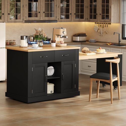 Îlot De Cuisine Mobile 132/235x60x93 Cm Avec 2 Tiroirs, 2 Portes, Table Extensible, Mdf, Noir