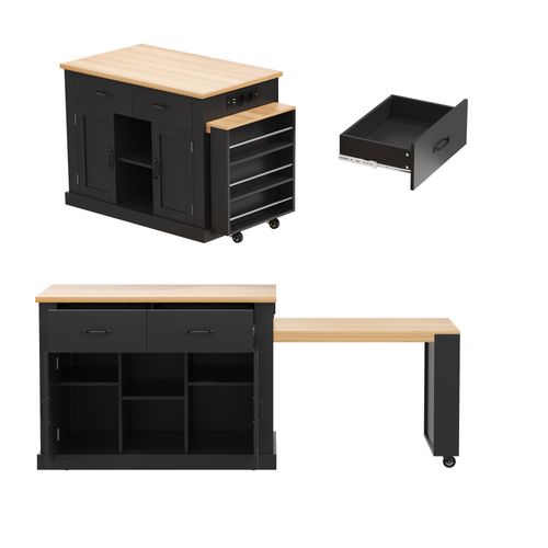 Îlot De Cuisine Mobile 132/235x60x93 Cm Avec 2 Tiroirs, 2 Portes, Table Extensible, Mdf, Noir