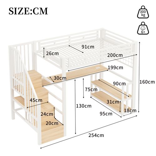 Lit Mezzanine 90x200 Cm Avec Étagère, Escalier, Grillage, LED, Bureau, USB-c, Métal, Blanc