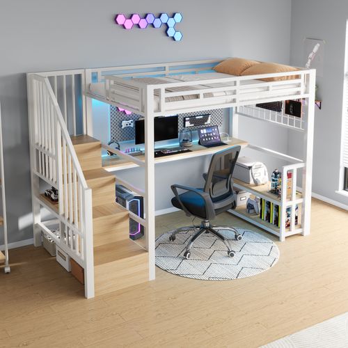 Lit Mezzanine 90x200 Cm Avec Étagère, Escalier, Grillage, LED, Bureau, USB-c, Métal, Blanc