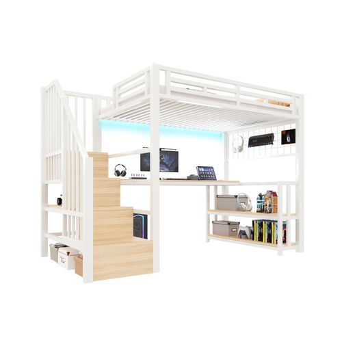 Lit Mezzanine 90x200 Cm Avec Étagère, Escalier, Grillage, LED, Bureau, USB-c, Métal, Blanc