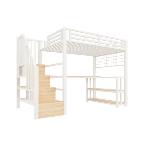 Lit Mezzanine 90x200 Cm Avec Étagère, Escalier, Grillage, LED, Bureau, USB-c, Métal, Blanc