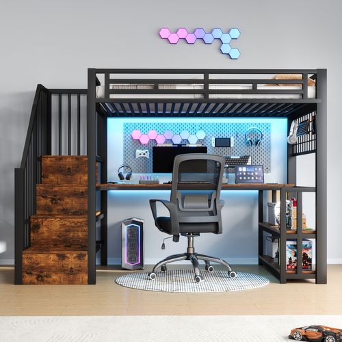 Lit Mezzanine 90x200 Cm Avec Étagère, Escalier, Grillage, LED, Bureau, USB-c, Métal, Noir