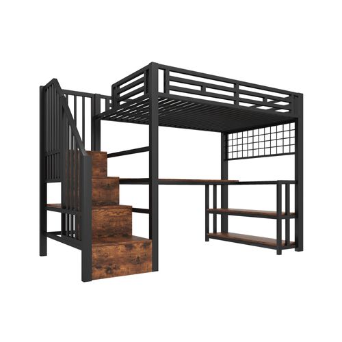 Lit Mezzanine 90x200 Cm Avec Étagère, Escalier, Grillage, LED, Bureau, USB-c, Métal, Noir