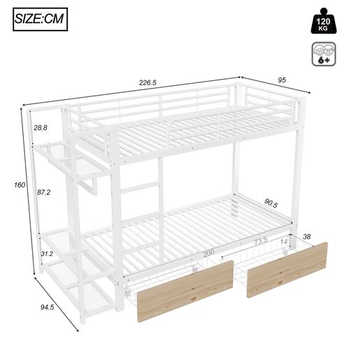 Lit Superposé Enfant 90x200 Cm Avec 2 Tiroirs, Étagères Et LED, Métal, Blanc