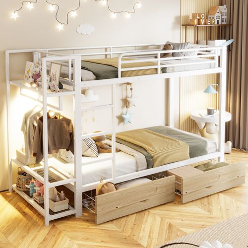 Lit Superposé Enfant 90x200 Cm Avec 2 Tiroirs, Étagères Et LED, Métal, Blanc