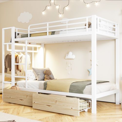 Lit Superposé Enfant 90x200 Cm Avec 2 Tiroirs, Étagères Et LED, Métal, Blanc