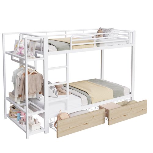 Lit Superposé Enfant 90x200 Cm Avec 2 Tiroirs, Étagères Et LED, Métal, Blanc