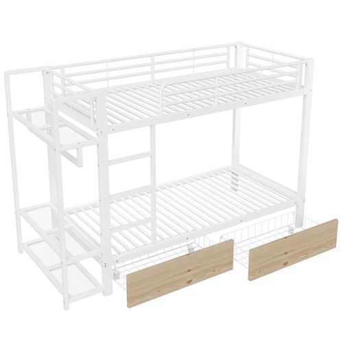 Lit Superposé Enfant 90x200 Cm Avec 2 Tiroirs, Étagères Et LED, Métal, Blanc