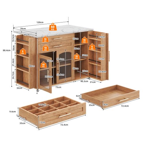Îlot De Cuisine Mobile 138x45/70x88,4 Cm 2 Tiroirs, 3 Portes, Plateau Rabattable, Mdf, Couleur Bois