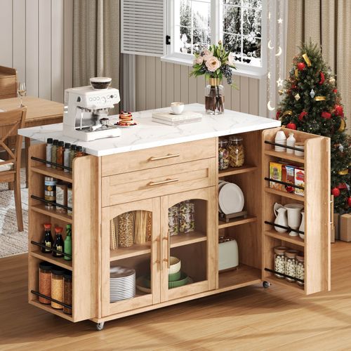 Îlot De Cuisine Mobile 138x45/70x88,4 Cm 2 Tiroirs, 3 Portes, Plateau Rabattable, Mdf, Couleur Bois