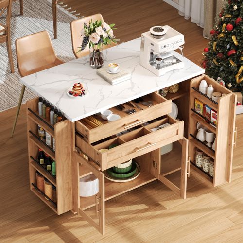 Îlot De Cuisine Mobile 138x45/70x88,4 Cm 2 Tiroirs, 3 Portes, Plateau Rabattable, Mdf, Couleur Bois