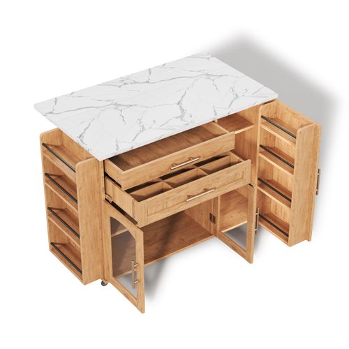 Îlot De Cuisine Mobile 138x45/70x88,4 Cm 2 Tiroirs, 3 Portes, Plateau Rabattable, Mdf, Couleur Bois