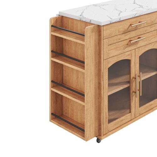 Îlot De Cuisine Mobile 138x45/70x88,4 Cm 2 Tiroirs, 3 Portes, Plateau Rabattable, Mdf, Couleur Bois