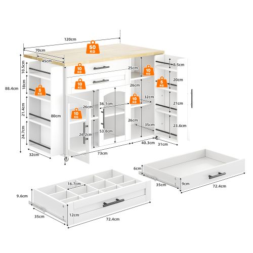 Îlot De Cuisine Mobile 138x45/70x88,4 Cm Avec 2 Tiroirs, 3 Portes, Plateau Rabattable, Mdf, Blanc