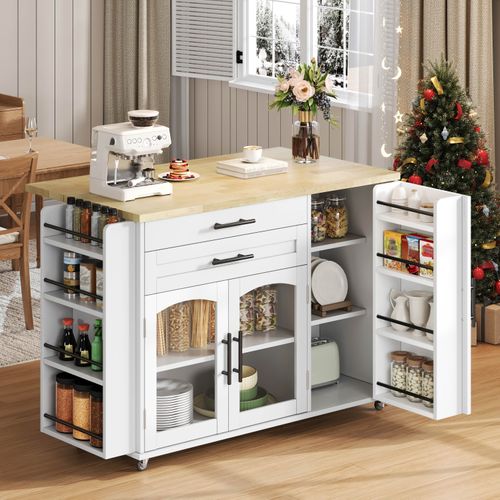 Îlot De Cuisine Mobile 138x45/70x88,4 Cm Avec 2 Tiroirs, 3 Portes, Plateau Rabattable, Mdf, Blanc