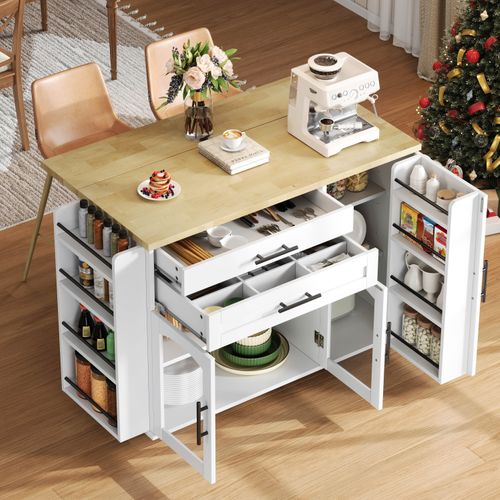 Îlot De Cuisine Mobile 138x45/70x88,4 Cm Avec 2 Tiroirs, 3 Portes, Plateau Rabattable, Mdf, Blanc