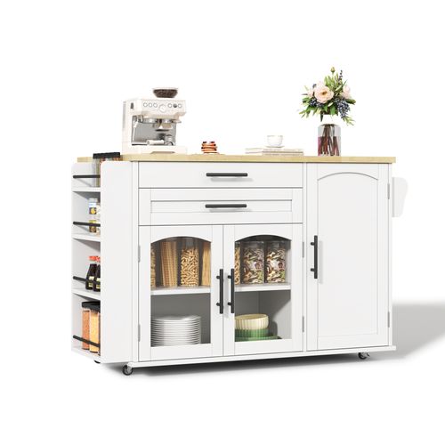 Îlot De Cuisine Mobile 138x45/70x88,4 Cm Avec 2 Tiroirs, 3 Portes, Plateau Rabattable, Mdf, Blanc