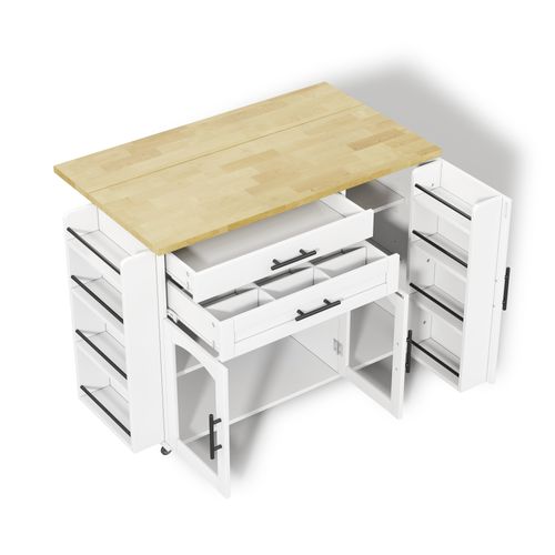 Îlot De Cuisine Mobile 138x45/70x88,4 Cm Avec 2 Tiroirs, 3 Portes, Plateau Rabattable, Mdf, Blanc