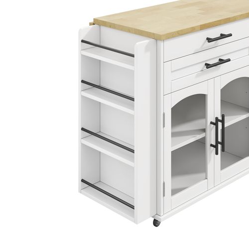 Îlot De Cuisine Mobile 138x45/70x88,4 Cm Avec 2 Tiroirs, 3 Portes, Plateau Rabattable, Mdf, Blanc