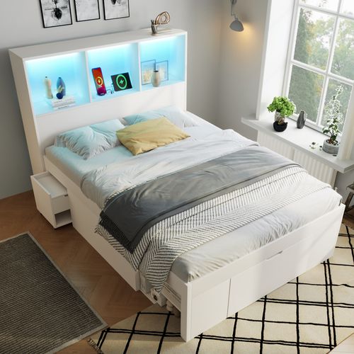 Lit Enfant Lit Simple 90x200 Cm, 2 Tiroirs, Étagères, Table De Chevet, LED Et USB-c, Bois, Blanc