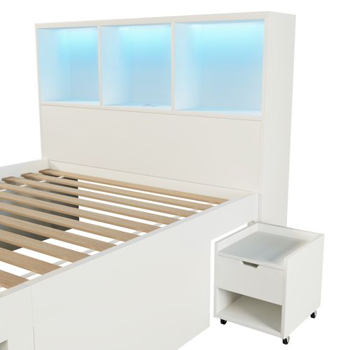 Lit Enfant Lit Simple 90x200 Cm, 2 Tiroirs, Étagères, Table De Chevet, LED Et USB-c, Bois, Blanc