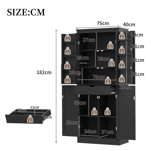 Buffet De Cuisine 75x40x182 Cm Avec Tiroir, 4 Portes Et Étagères, Mdf, Noir
