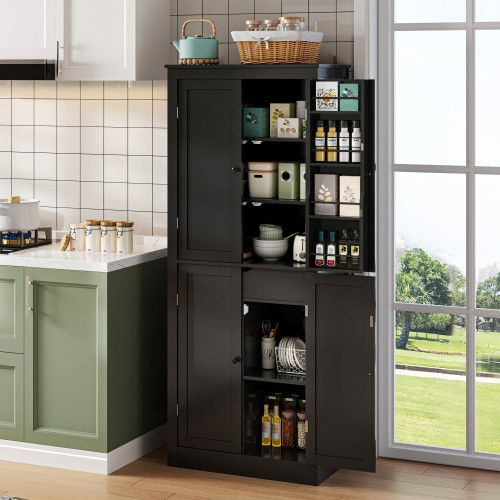 Buffet De Cuisine 75x40x182 Cm Avec Tiroir, 4 Portes Et Étagères, Mdf, Noir