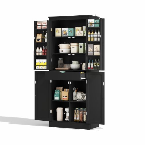 Buffet De Cuisine 75x40x182 Cm Avec Tiroir, 4 Portes Et Étagères, Mdf, Noir