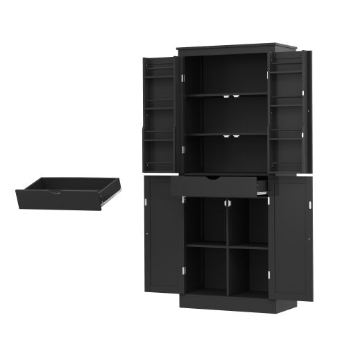 Buffet De Cuisine 75x40x182 Cm Avec Tiroir, 4 Portes Et Étagères, Mdf, Noir