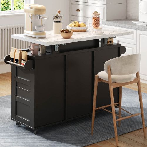 Îlot De Cuisine Mobile 120x42/60x93 Cm Avec 3 Tiroirs, 2 Portes, Plateau Rabattable, Mdf, Noir