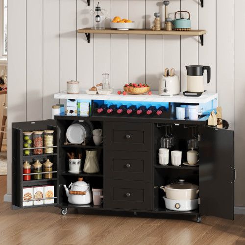 Îlot De Cuisine Mobile 120x42/60x93 Cm Avec 3 Tiroirs, 2 Portes, Plateau Rabattable, Mdf, Noir