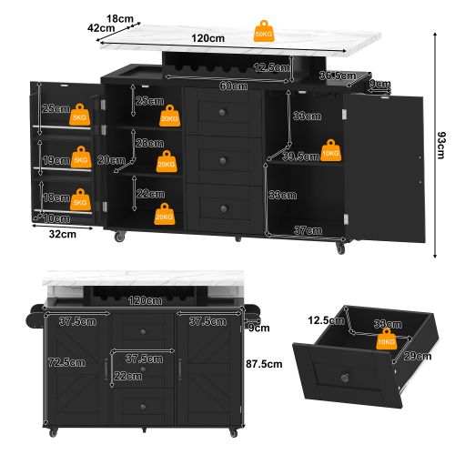 Îlot De Cuisine Mobile 120x42/60x93 Cm Avec 3 Tiroirs, 2 Portes, Plateau Rabattable, Mdf, Noir