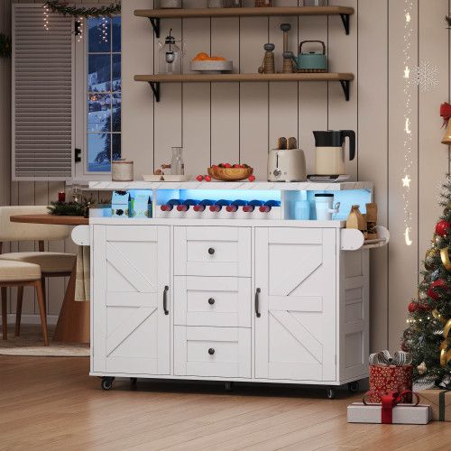 Îlot De Cuisine Mobile 120x42/60x93 Cm Avec 3 Tiroirs, 2 Portes, Plateau Rabattable, Mdf, Blanc