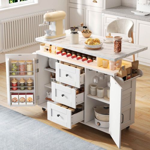 Îlot De Cuisine Mobile 120x42/60x93 Cm Avec 3 Tiroirs, 2 Portes, Plateau Rabattable, Mdf, Blanc