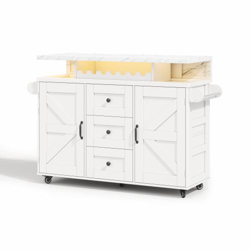 Îlot De Cuisine Mobile 120x42/60x93 Cm Avec 3 Tiroirs, 2 Portes, Plateau Rabattable, Mdf, Blanc