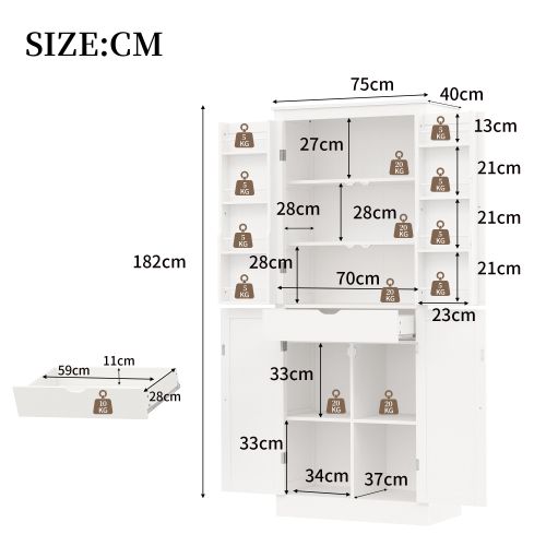 Buffet De Cuisine 75x40x182 Cm Avec Tiroir, 4 Portes Et Étagères, Mdf, Blanc