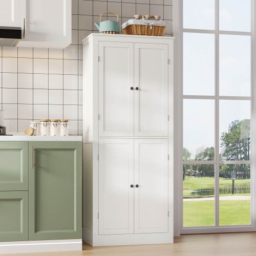 Buffet De Cuisine 75x40x182 Cm Avec Tiroir, 4 Portes Et Étagères, Mdf, Blanc