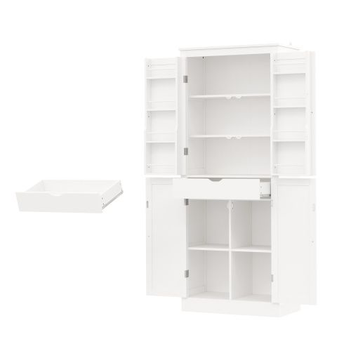 Buffet De Cuisine 75x40x182 Cm Avec Tiroir, 4 Portes Et Étagères, Mdf, Blanc