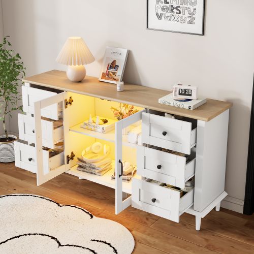 Buffet LED 150x40x75 Cm Avec 2 Portes En Acrylique Et 6 Tiroirs, Mdf, Blanc + Couleur Bois