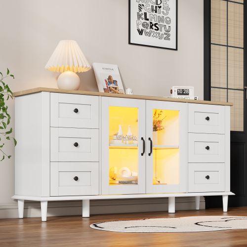 Buffet LED 150x40x75 Cm Avec 2 Portes En Acrylique Et 6 Tiroirs, Mdf, Blanc + Couleur Bois