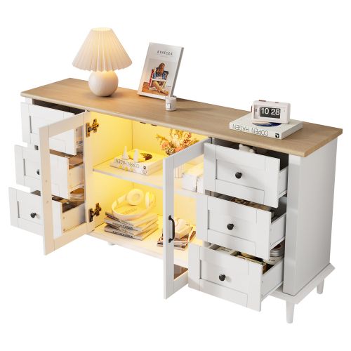 Buffet LED 150x40x75 Cm Avec 2 Portes En Acrylique Et 6 Tiroirs, Mdf, Blanc + Couleur Bois
