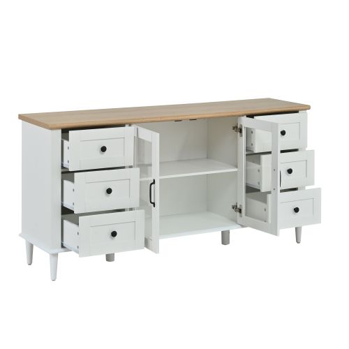 Buffet LED 150x40x75 Cm Avec 2 Portes En Acrylique Et 6 Tiroirs, Mdf, Blanc + Couleur Bois