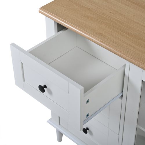 Buffet LED 150x40x75 Cm Avec 2 Portes En Acrylique Et 6 Tiroirs, Mdf, Blanc + Couleur Bois