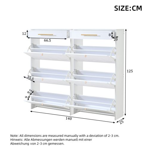 Meuble à Chaussures 2 Pièces 140x25x125 Cm, 6 Portes Basculante Et 2 Tiroirs, Mdf, Blanc