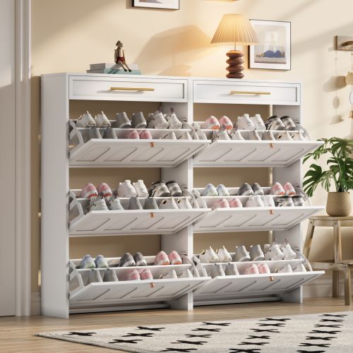 Meuble à Chaussures 2 Pièces 140x25x125 Cm, 6 Portes Basculante Et 2 Tiroirs, Mdf, Blanc