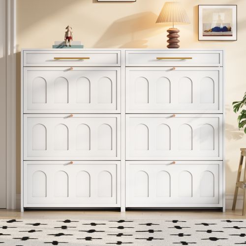 Meuble à Chaussures 2 Pièces 140x25x125 Cm, 6 Portes Basculante Et 2 Tiroirs, Mdf, Blanc