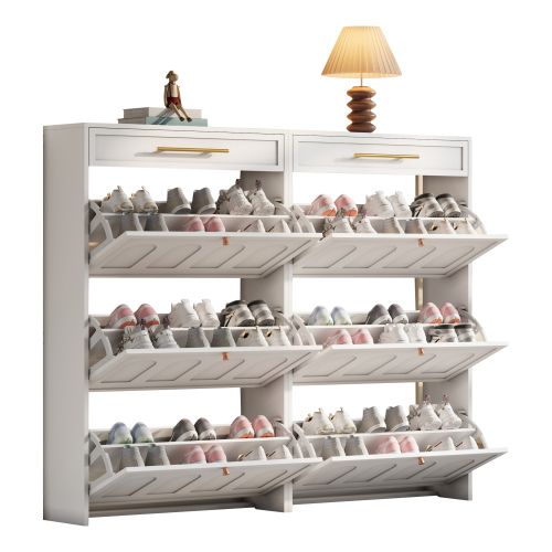 Meuble à Chaussures 2 Pièces 140x25x125 Cm, 6 Portes Basculante Et 2 Tiroirs, Mdf, Blanc