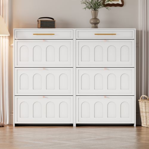 Meuble à Chaussures 2 Pièces 140x25x125 Cm, 6 Portes Basculante Et 2 Tiroirs, Mdf, Blanc
