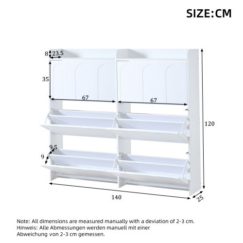 Meuble à Chaussures 2 Pièces 140x25x120 Cm, 6 Portes Basculante Et 12 Compartiments, Mdf, Blanc